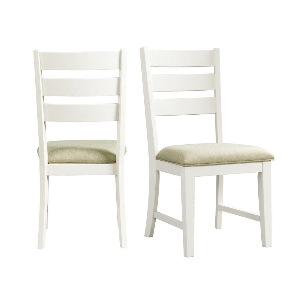 Farmhouse White Linen & Wood Ladder Back Side Chair Set
