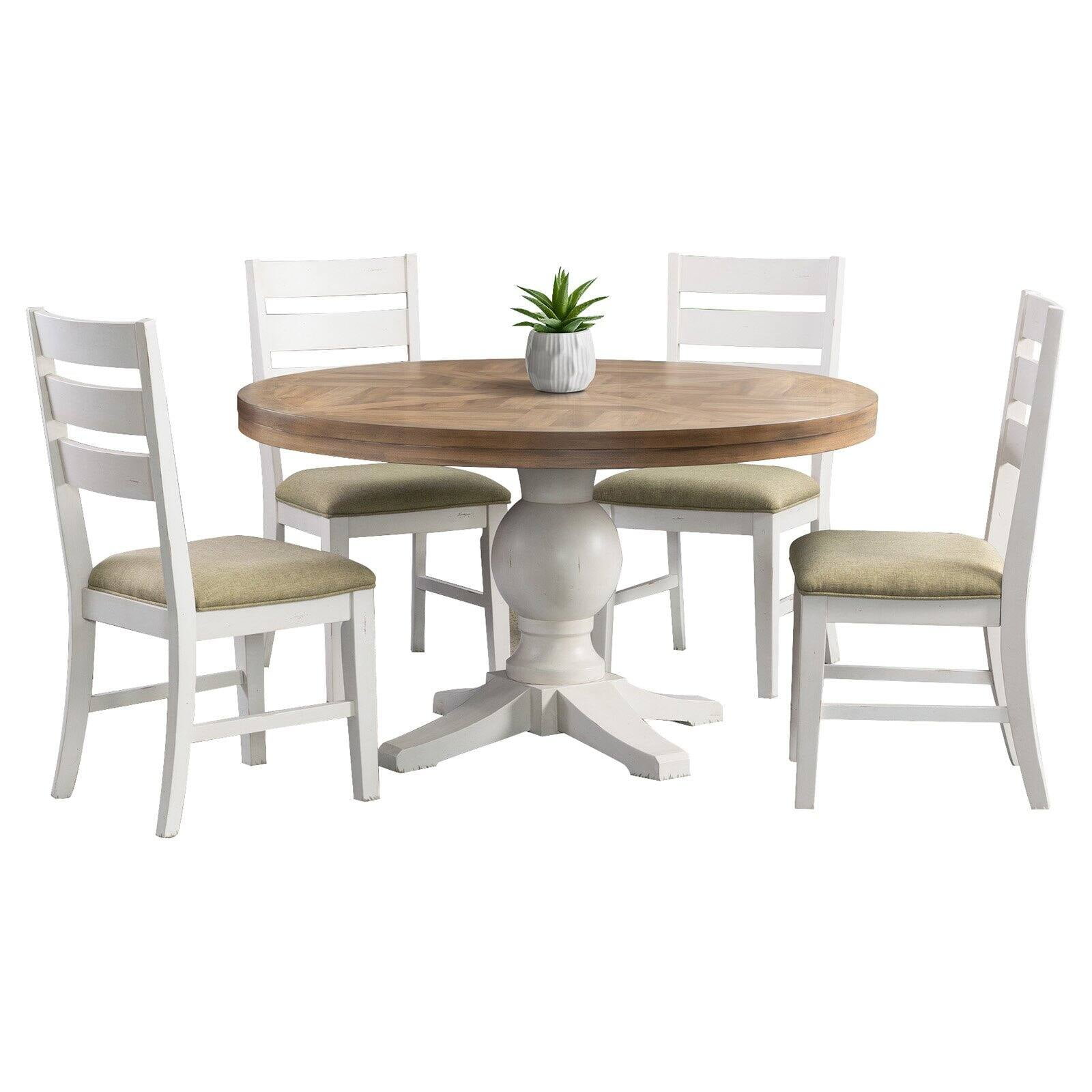 Cottage White Round Dining Set with Taupe Upholstered Chairs