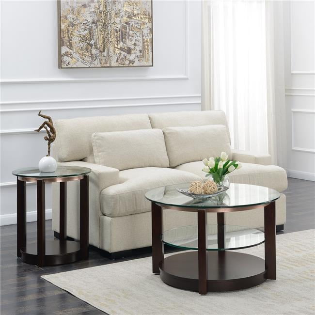 Espresso Round Wood and Glass Coffee Table with Interior Shelf