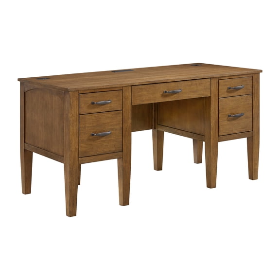 Picket House Furnishings Beth Half Pedestal Desk with Power/USB in Brown Oak