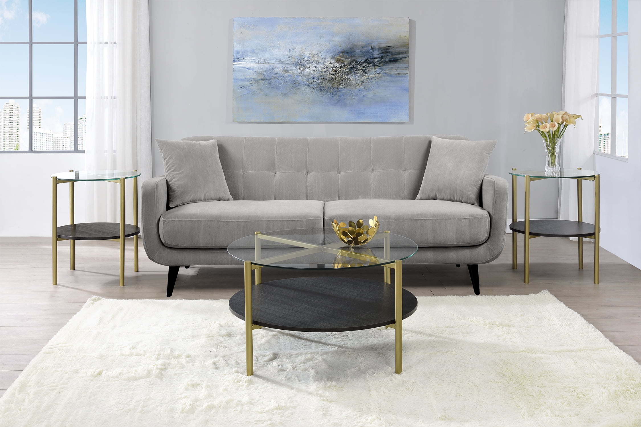 Blaine Black and Gold Round Glass 3-Piece Table Set