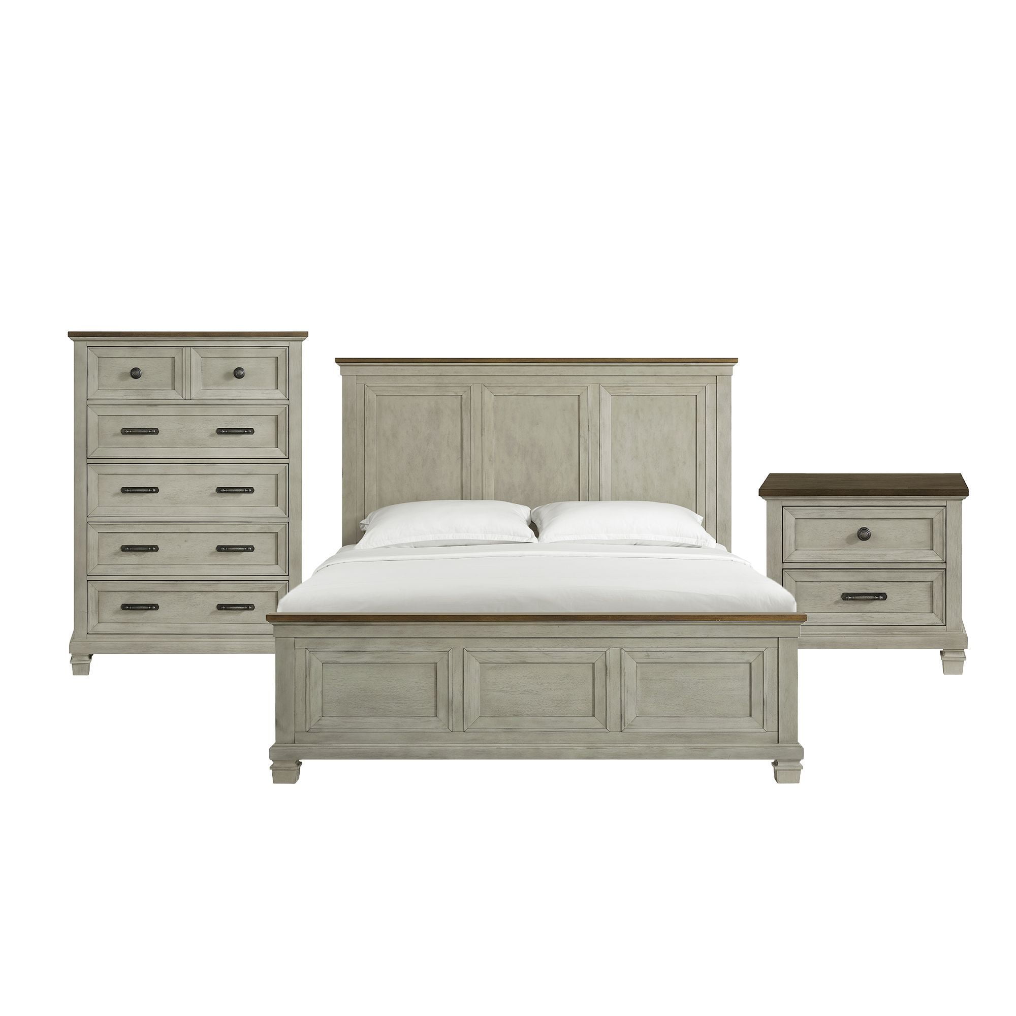 Bloomfield King Panel 3PC Bedroom Set in Washed Stone and Medium Brown Wood