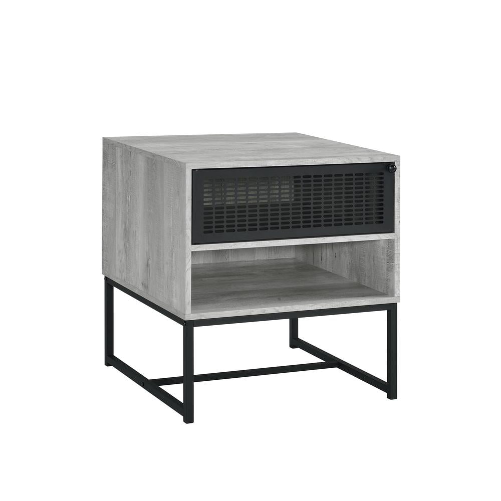 Bron Gray Wood and Metal End Table with Storage