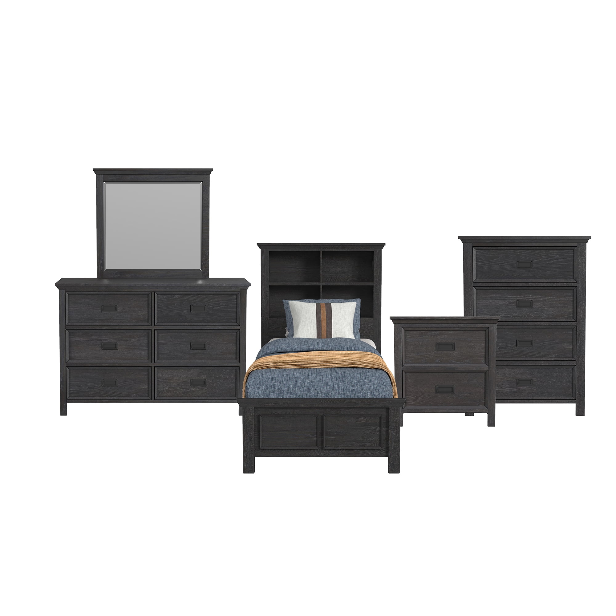 Brooklyn Kids Twin Bookcase 5PC Bedroom Set in Charcoal