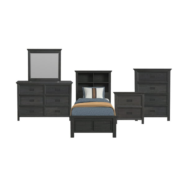 Brooklyn Kids Twin Bookcase 5PC Bedroom Set in Charcoal