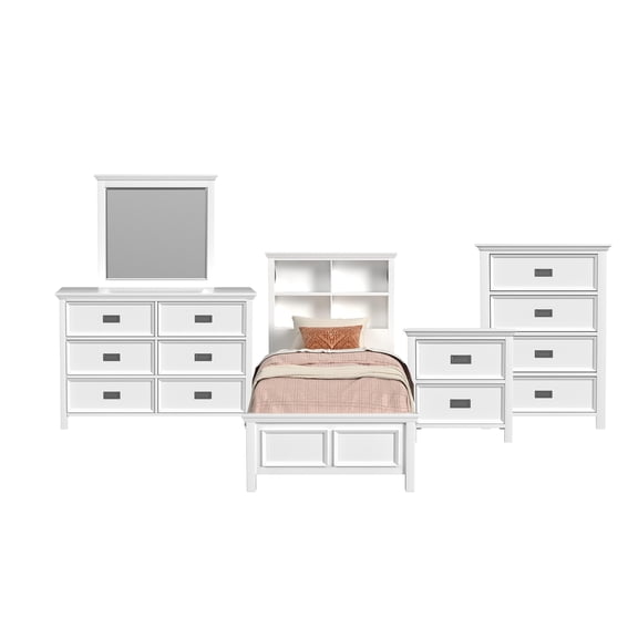Brooklyn Kids Twin Bookcase 5PC Bedroom Set in White