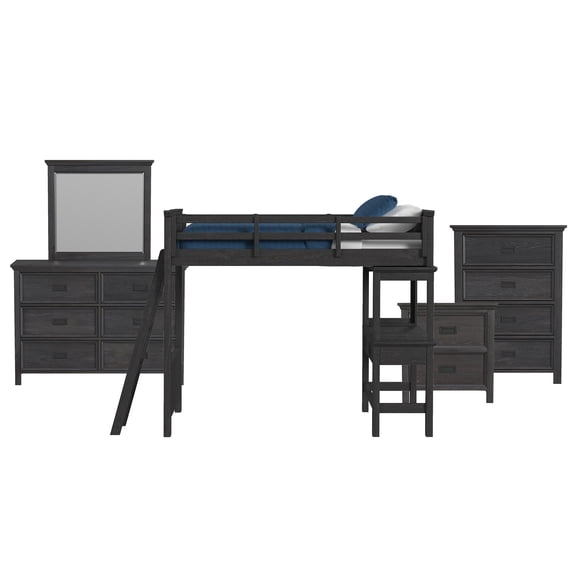 Brooklyn Kids Twin Loft with Ladder & Desk - Speaker 5PC Bedroom Set in Charcoal
