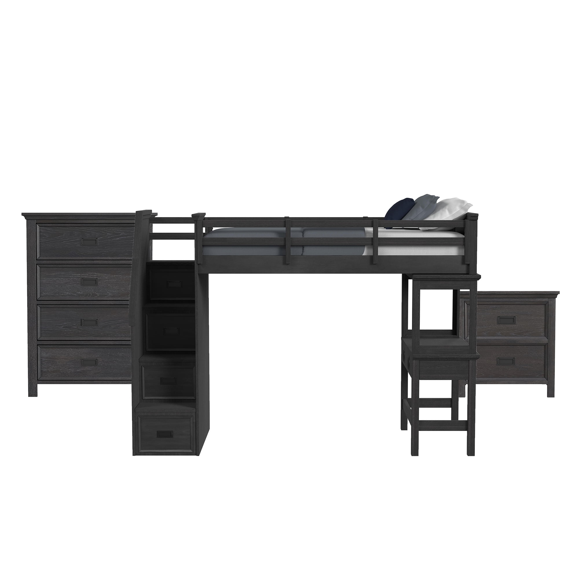 Brooklyn Kids Twin Loft with Staircase &Desk-Speaker 3PC Bedroom Set in Charcoal