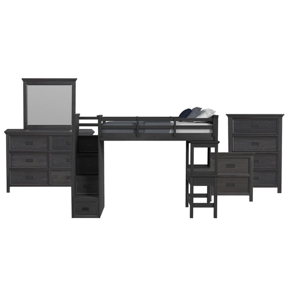 Brooklyn Kids Twin Loft with Staircase &Desk-Speaker 5PC Bedroom Set in Charcoal