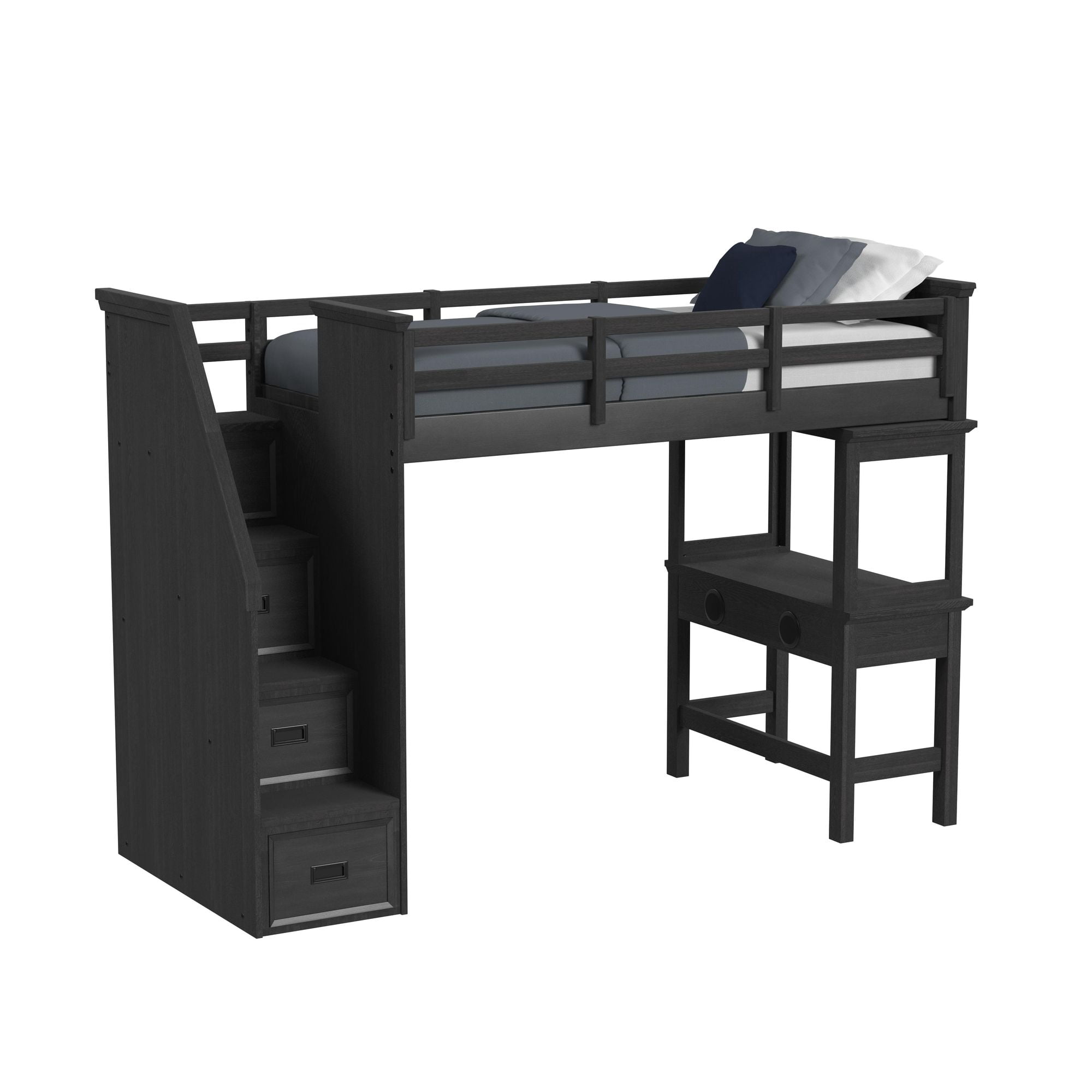 Brooklyn Kids Twin Loft with Staircase and Desk with Speaker in Charcoal