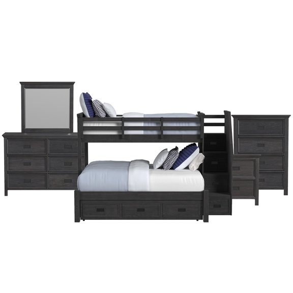 Brooklyn Kids Twin Over Full Bunk -Staircase&Trundle 5PC Bedroom Set in Charcoal