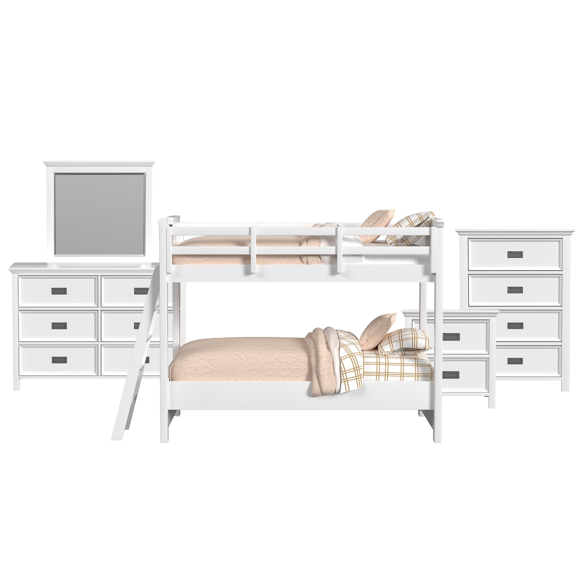 Brooklyn Kids Twin Over Twin Bunk with Ladder 5PC Bedroom Set in White