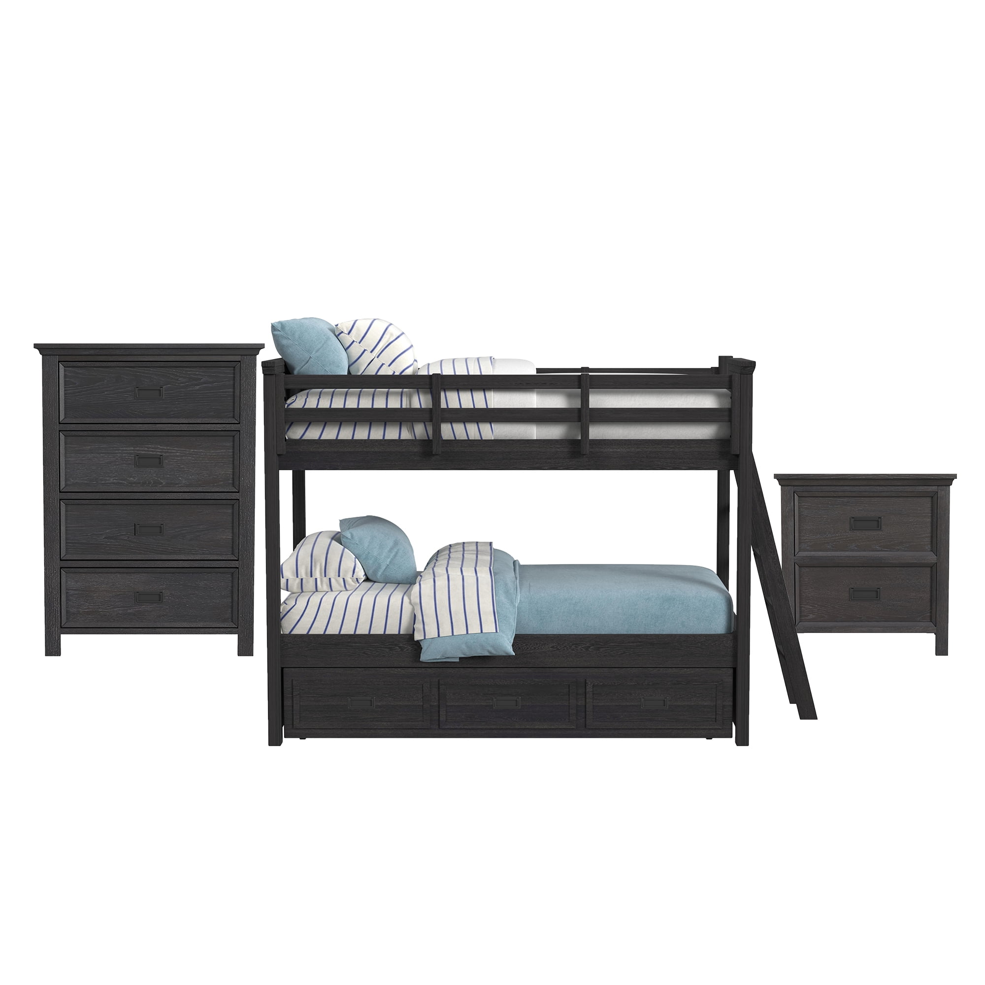 Brooklyn Kids Twin Over Twin Bunk with Ladder&Trundle 3PCBedroom Set in Charcoal