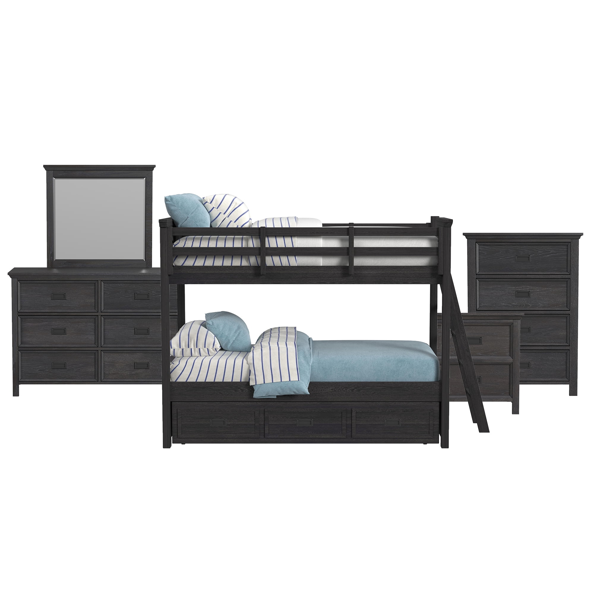 Brooklyn Kids Twin Over Twin Bunk with Ladder&Trundle 5PCBedroom Set in Charcoal
