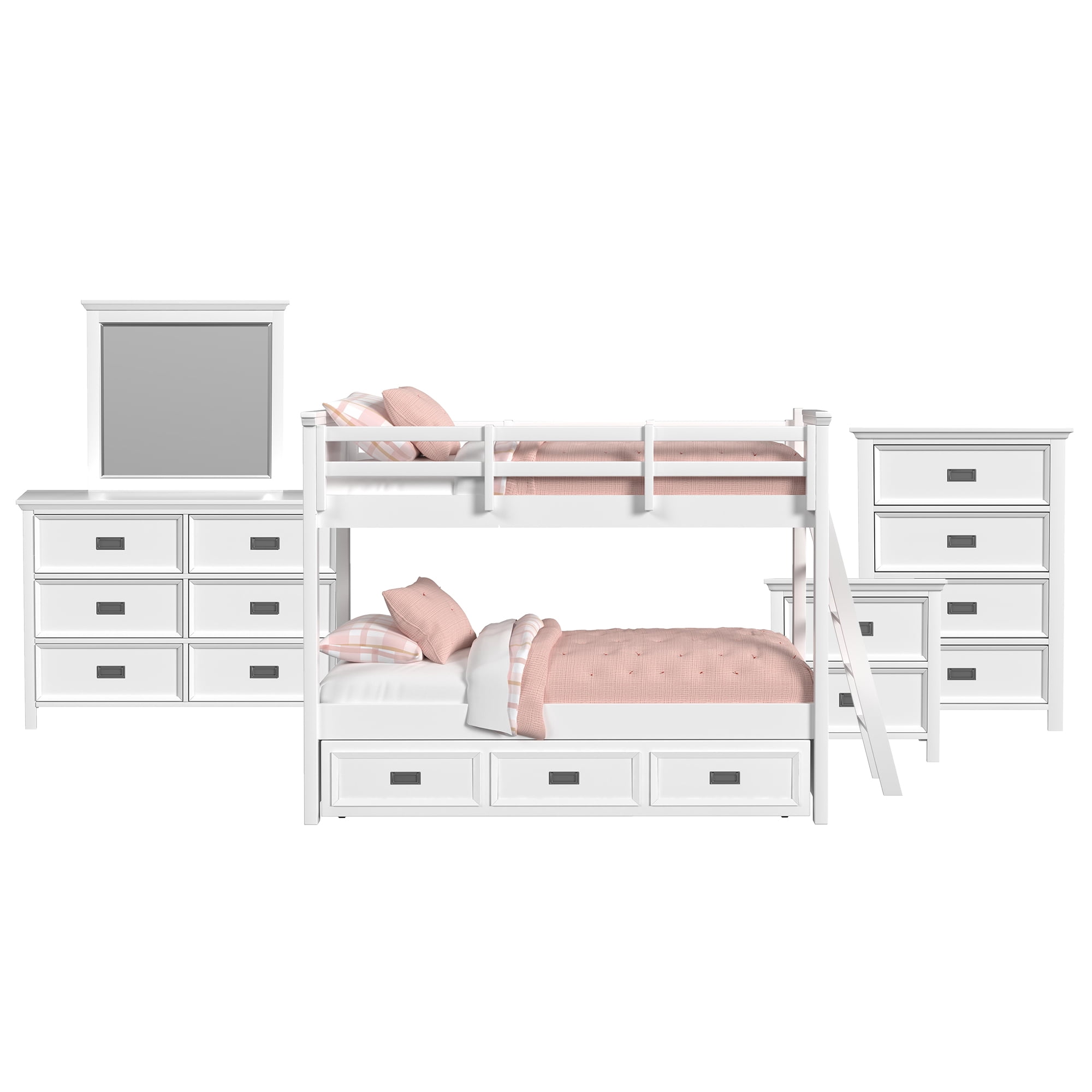Brooklyn Kids Twin Over Twin Bunk with Ladder & Trundle 5PC Bedroom Set in White