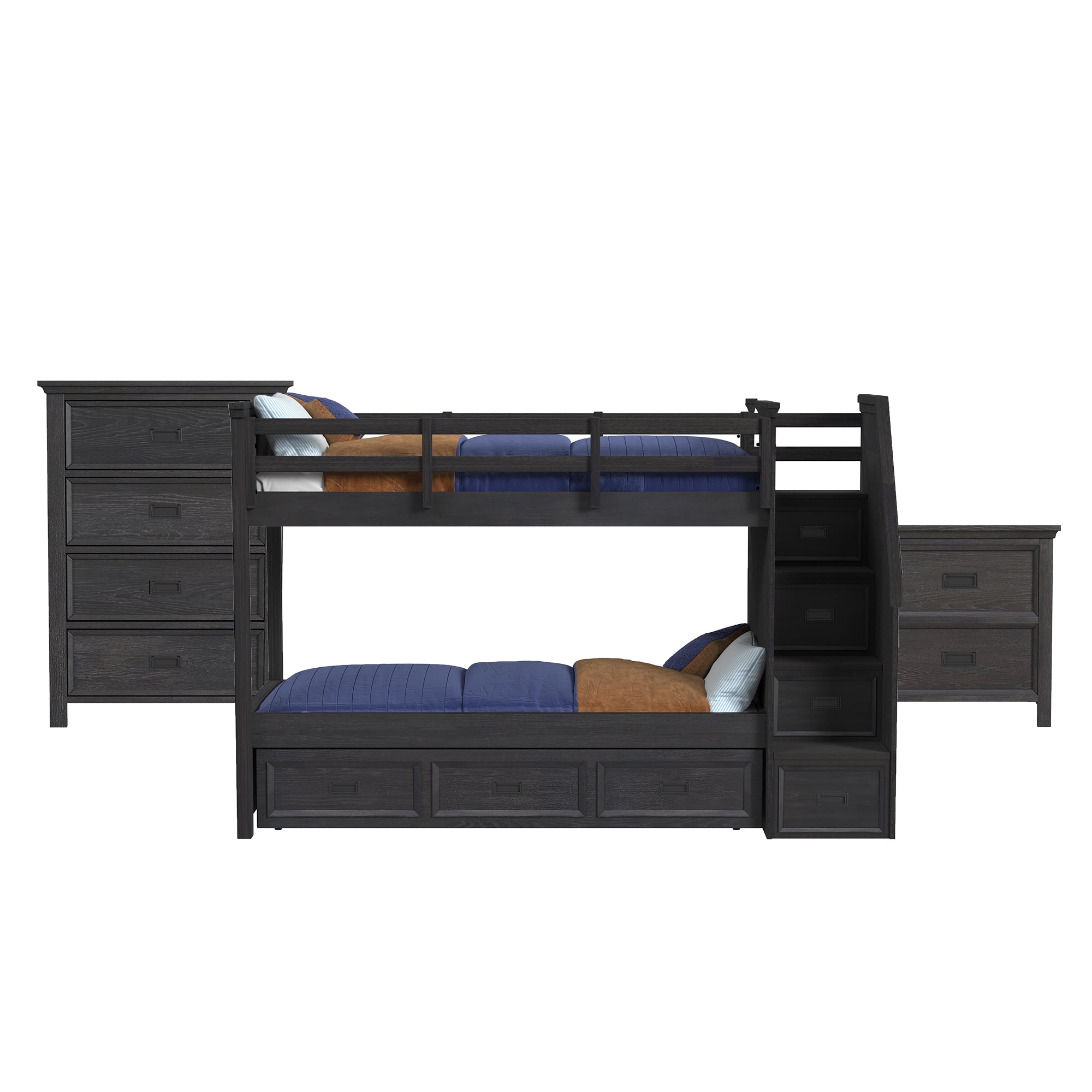 Brooklyn Kids Twin Over Twin Bunk- Staircase&Trundle 3PC Bedroom Set in Charcoal