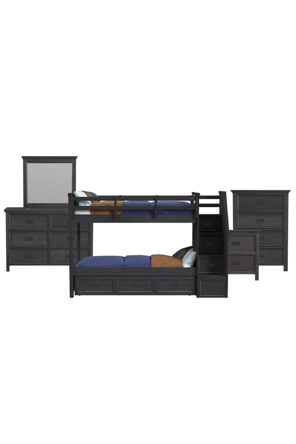 Brooklyn Kids Twin Over Twin Bunk- Staircase&Trundle 5PC Bedroom Set in Charcoal