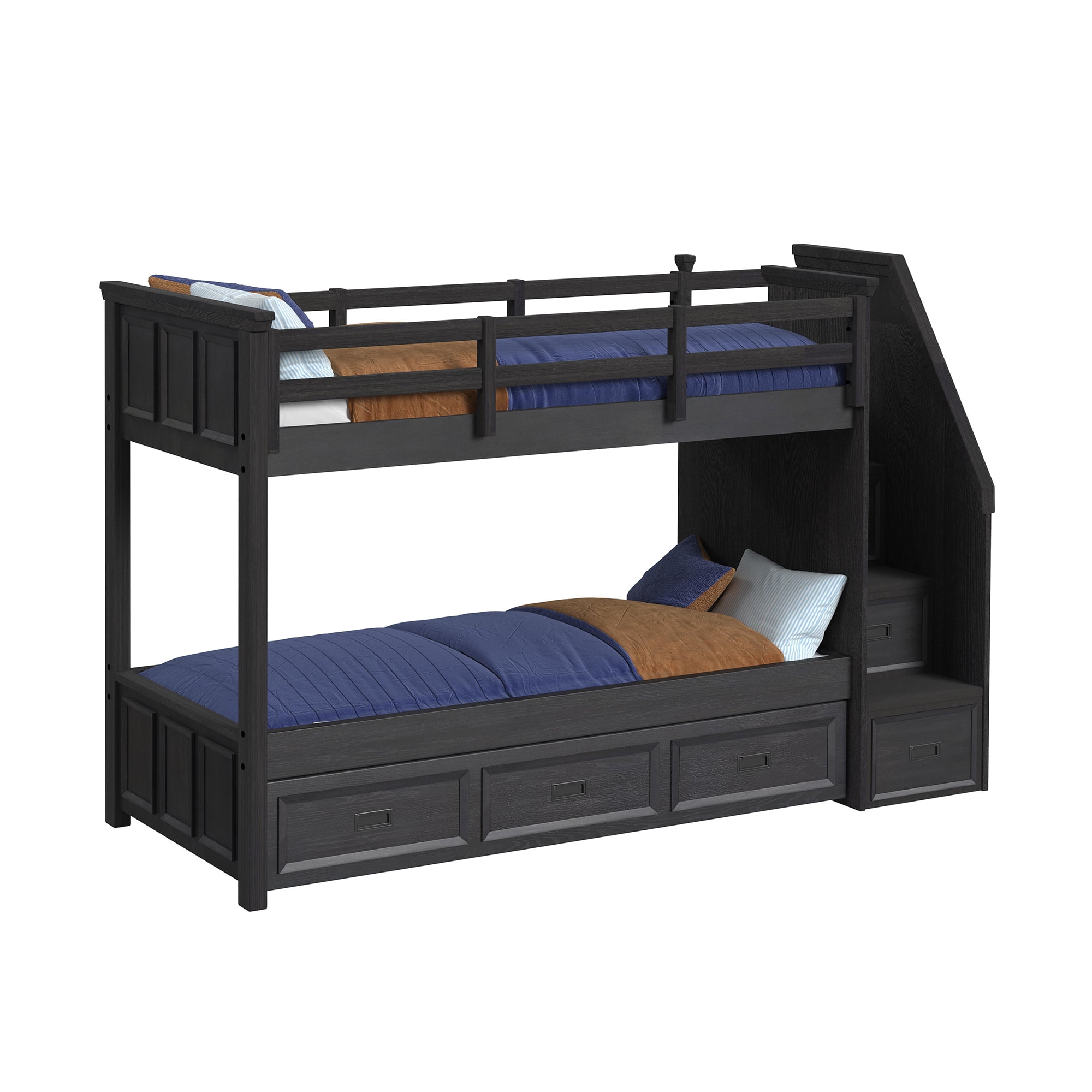 Brooklyn Kids Twin Over Twin Bunk with Staircase and Trundle in Charcoal
