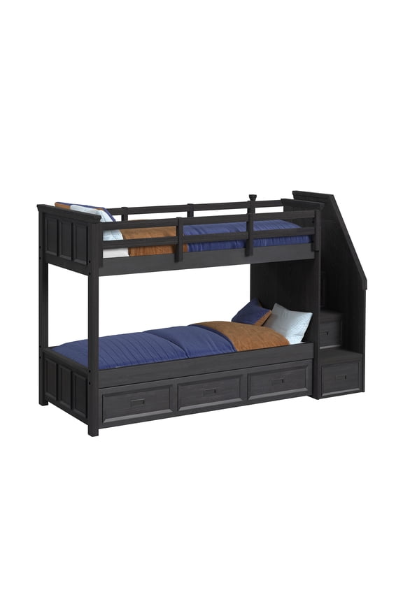 Brooklyn Kids Twin Over Twin Bunk with Staircase and Trundle in Charcoal
