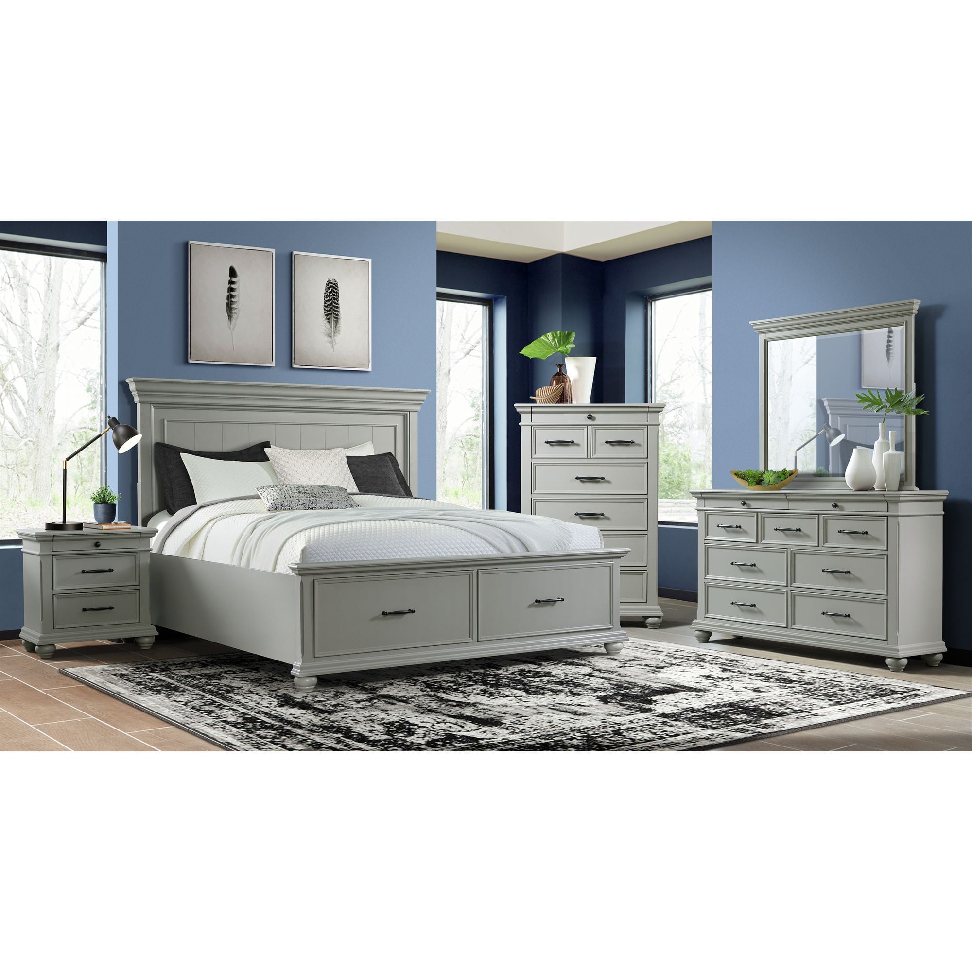 Gray King Wood Frame Platform Storage Bed with Headboard and Drawers