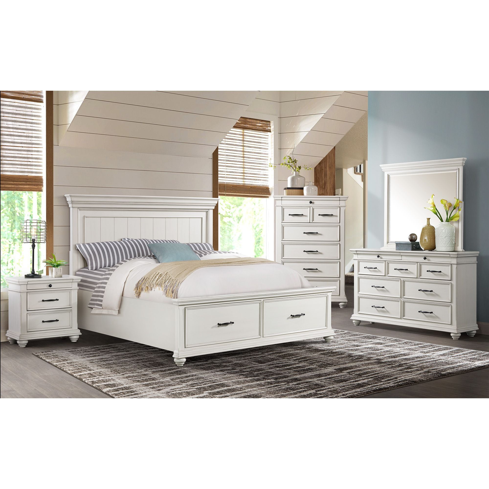 White King Transitional Wood Storage Bed with Headboard and Drawers
