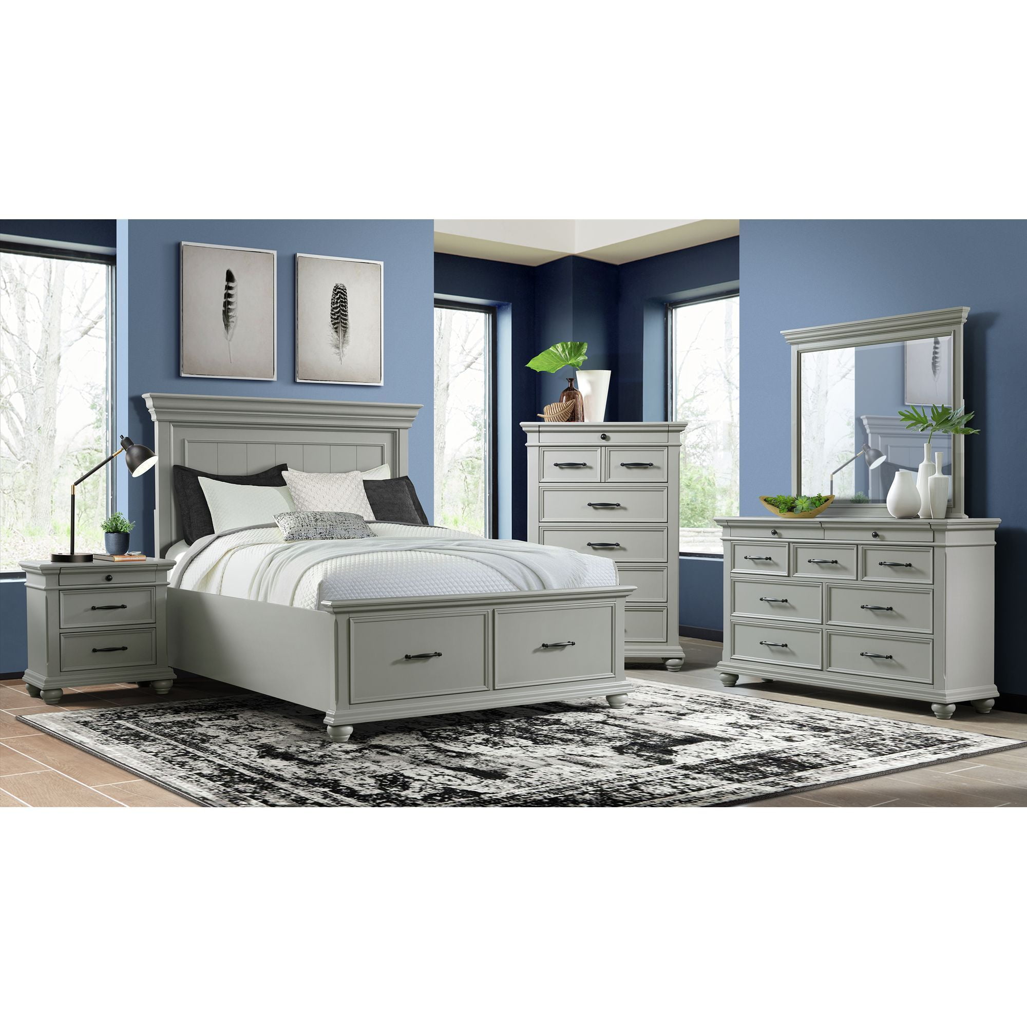 Transitional Gray Queen Platform Storage Bed with Plank Headboard