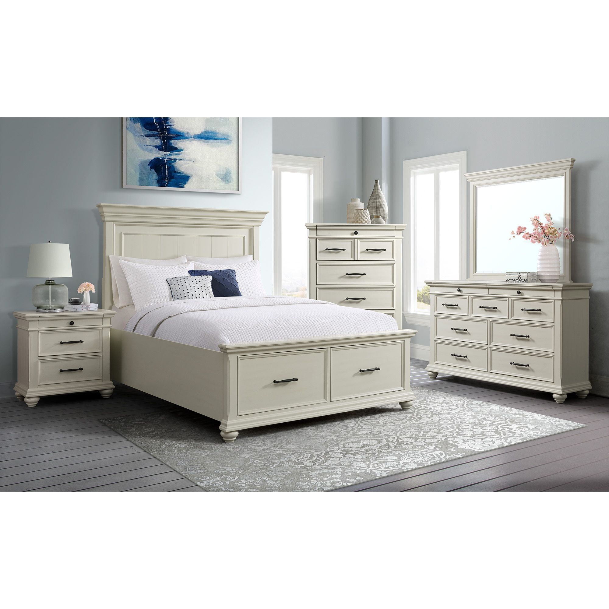 White Queen Wood Frame Storage Bed with Headboard and Drawers