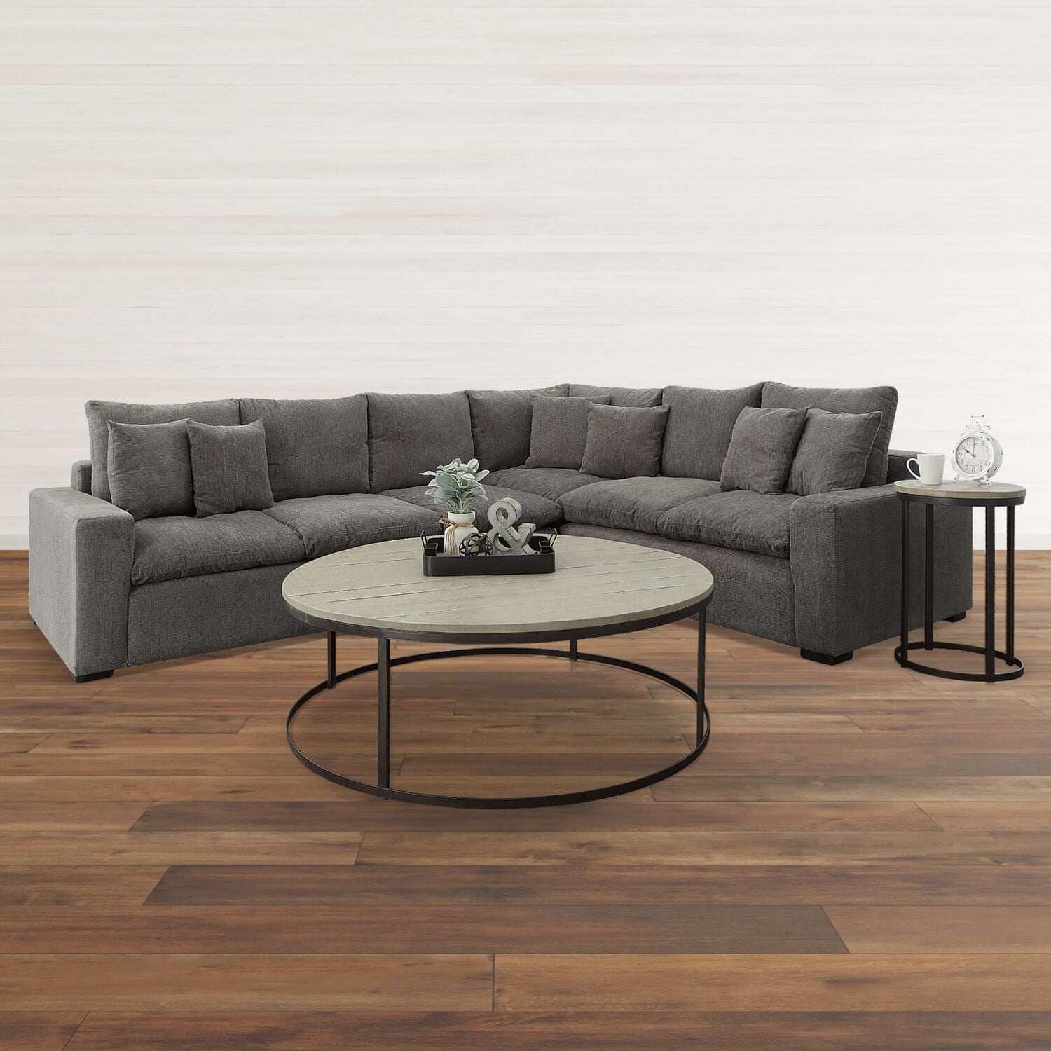 Industrial Round Black Metal and Pine Coffee Table