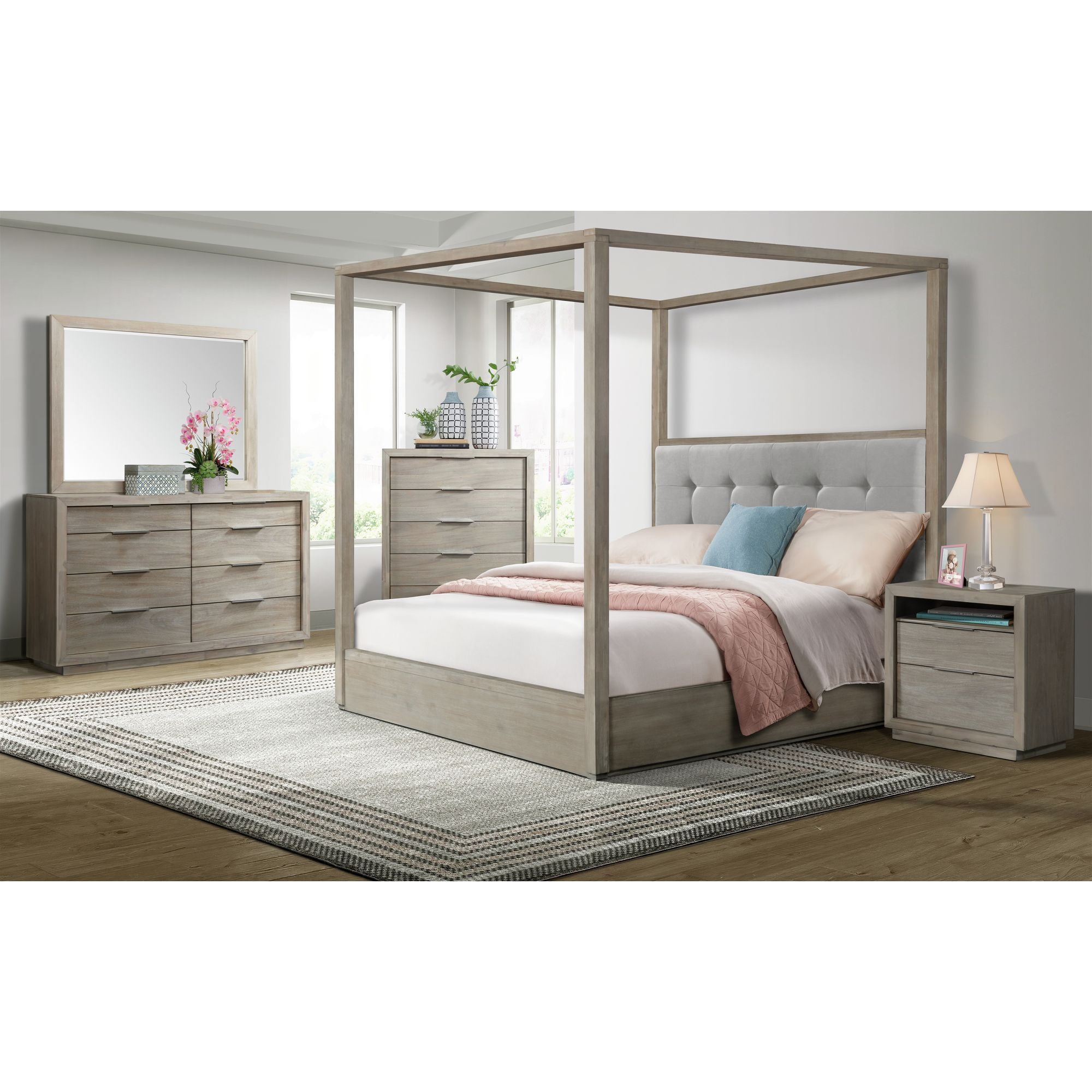 Cadia Queen Canopy Bed with Grey Tufted Upholstered Headboard