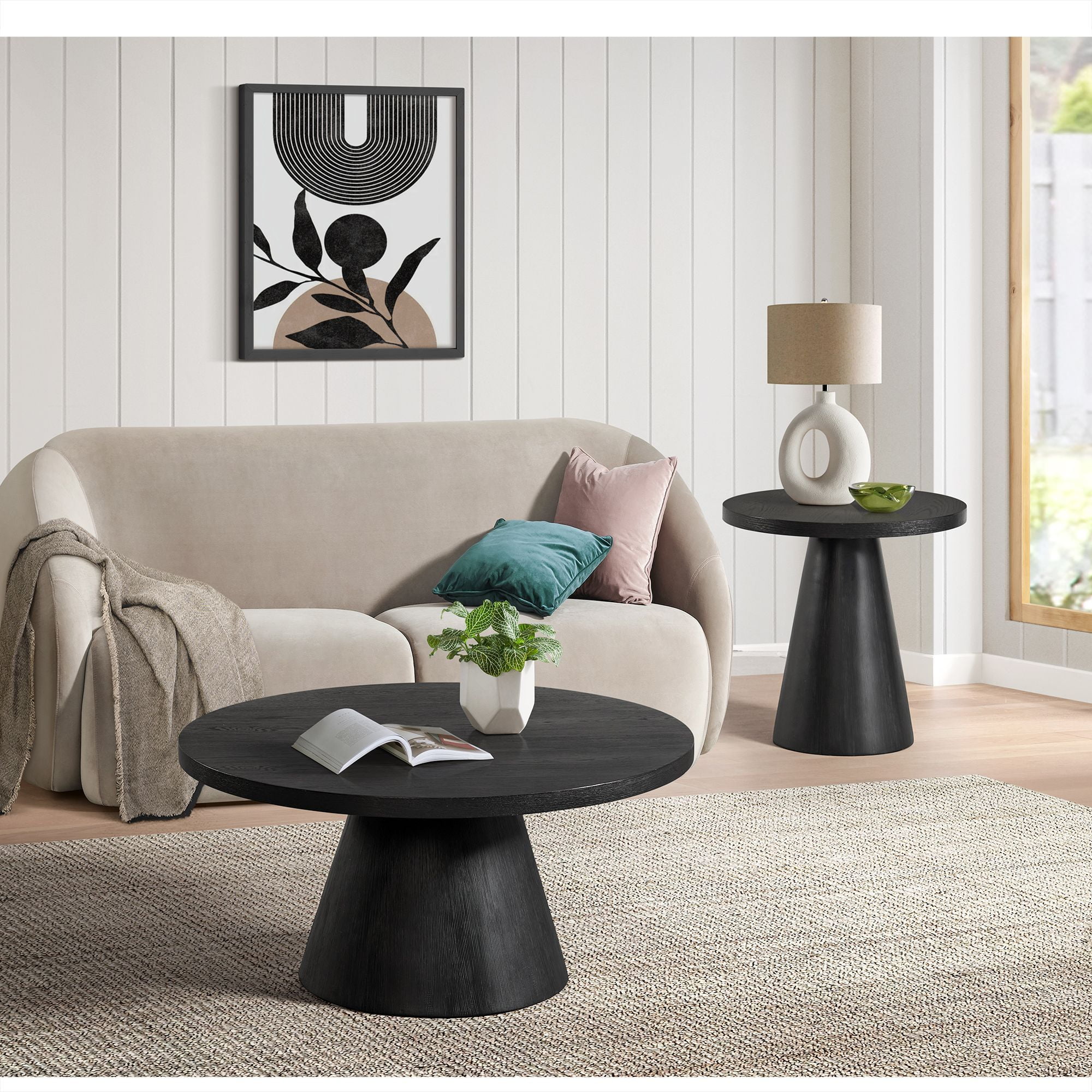 Black Round Wood Pedestal End Table, 22"