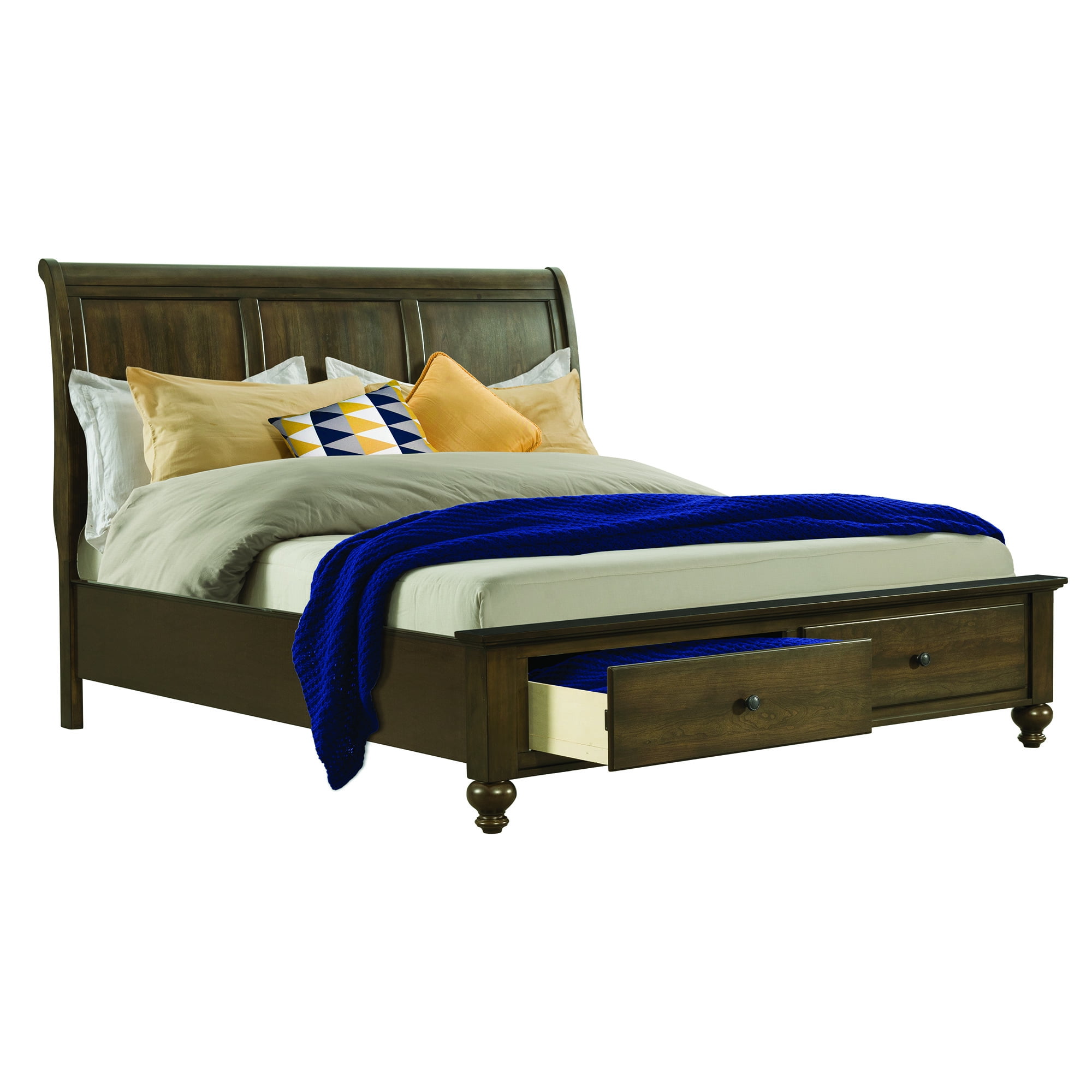 Traditional King Sleigh Bed with Storage Drawers in Smokey Walnut