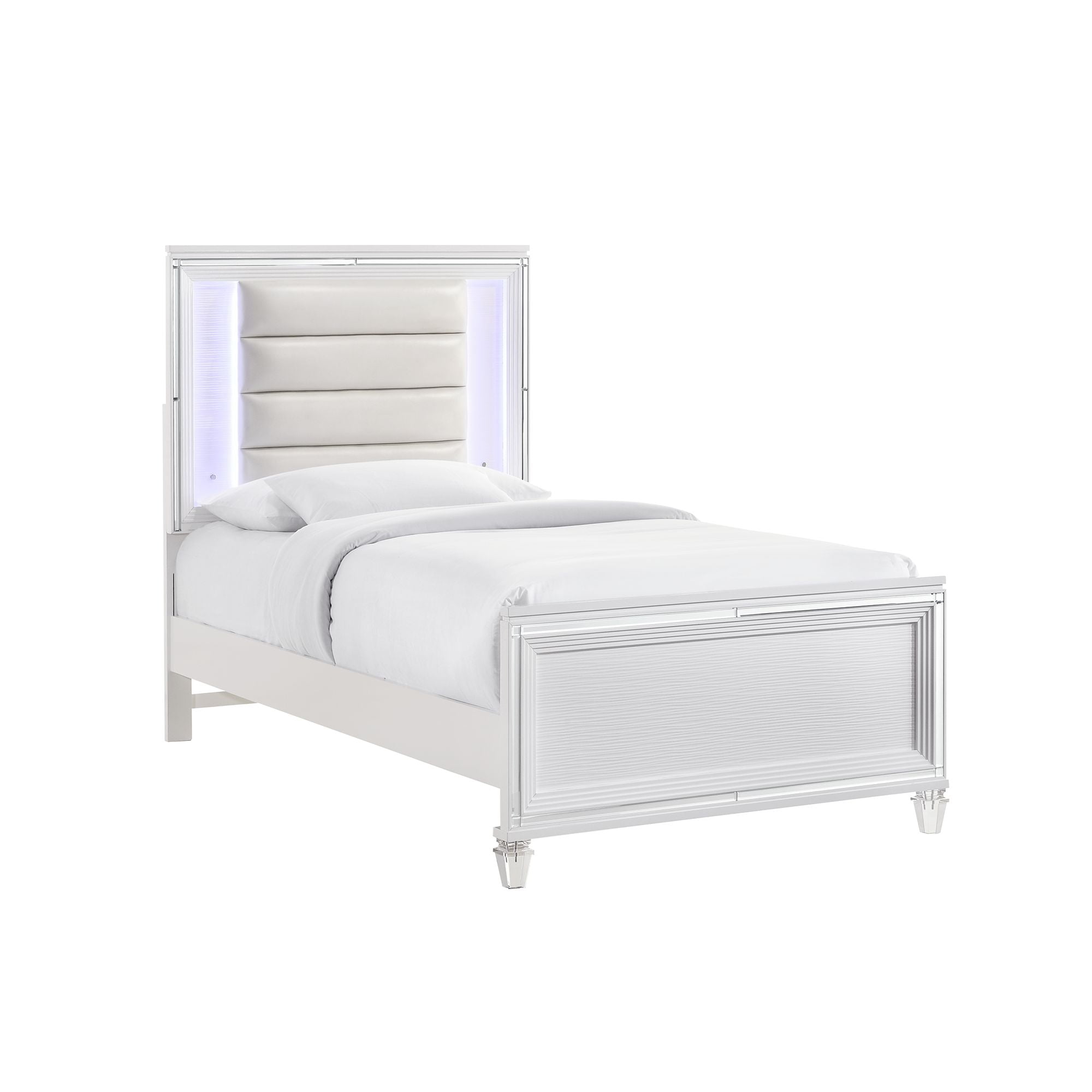 White Twin Upholstered Platform Bed with Lighted Headboard