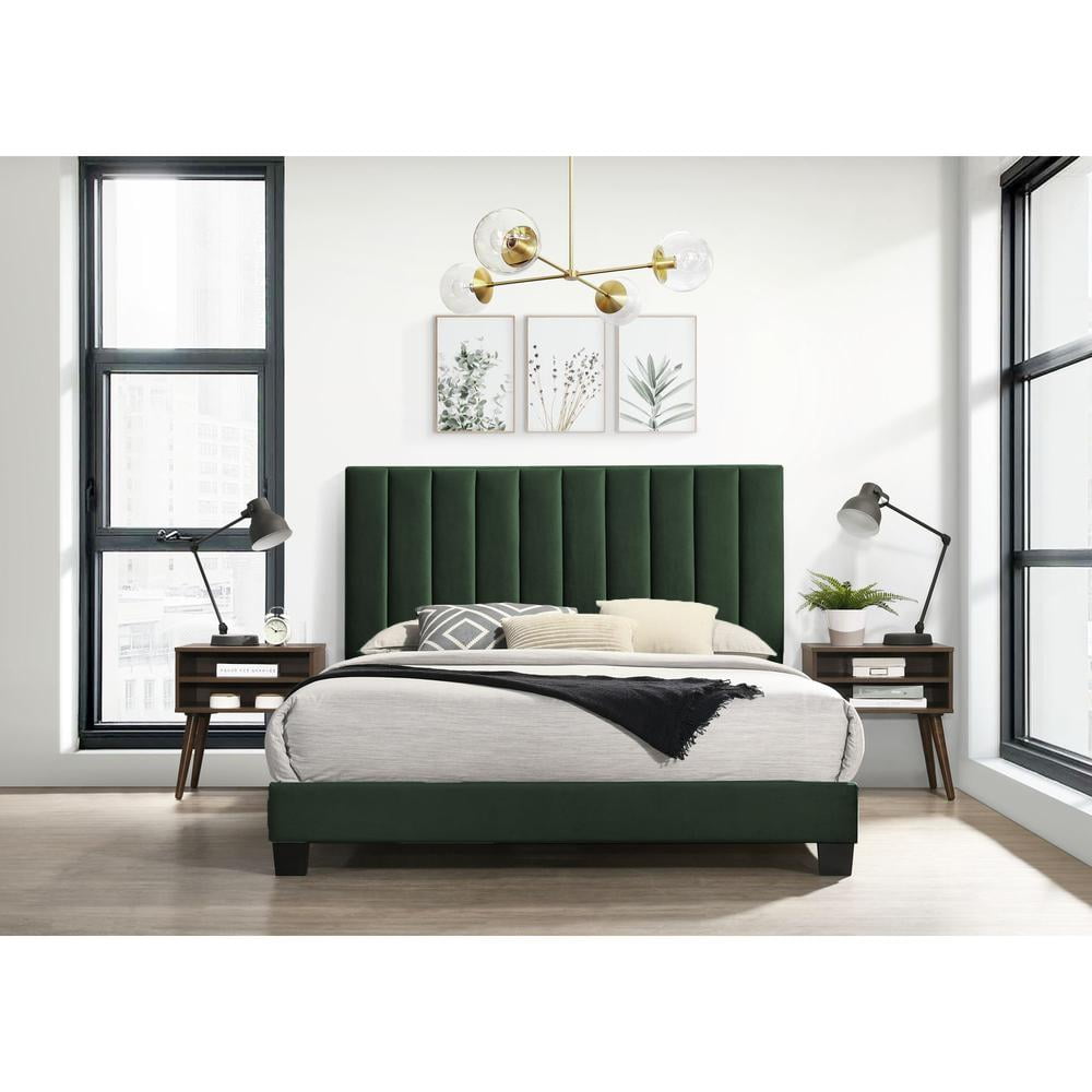 Emerald Green Upholstered Queen Platform Bed with Nightstands