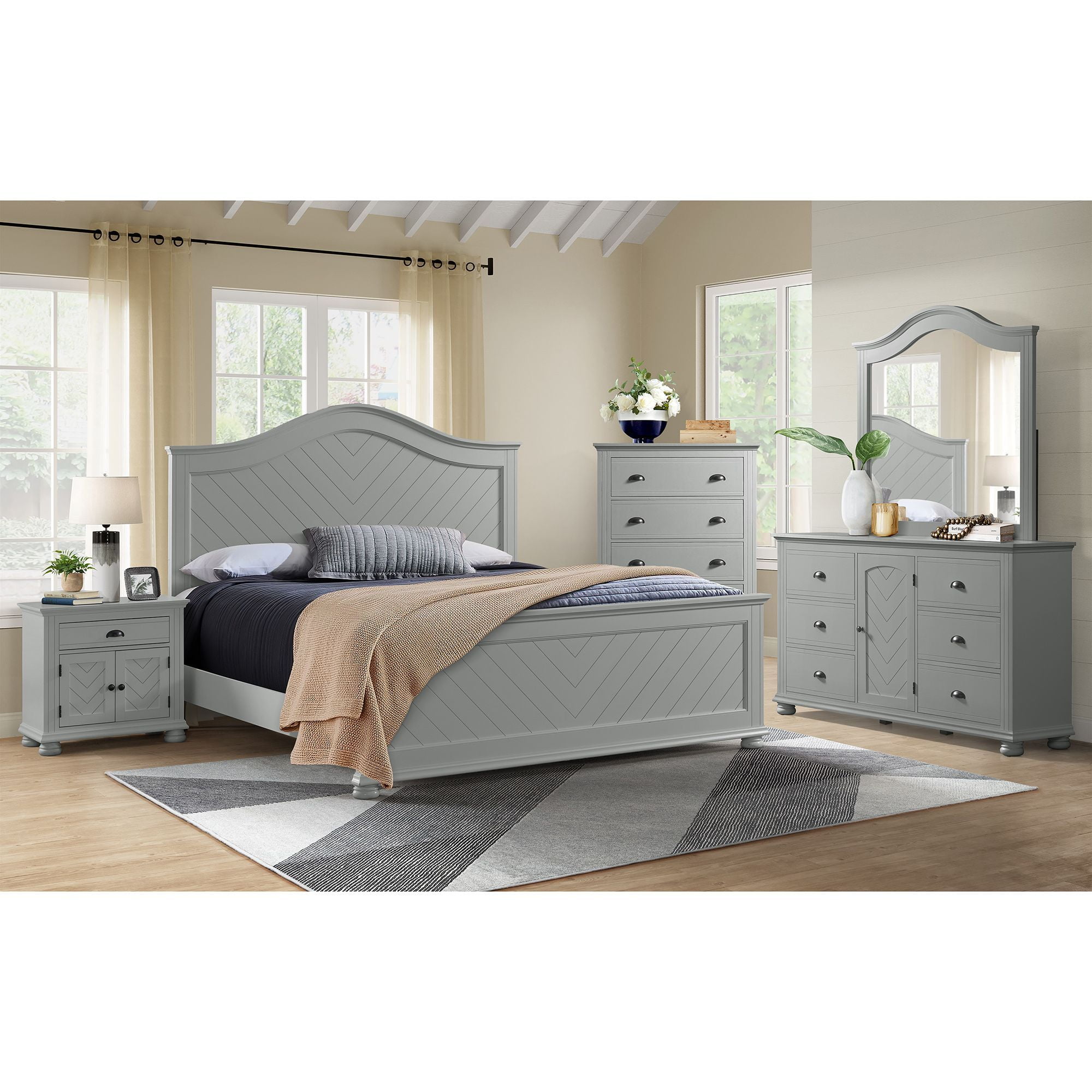 Gray Chevron Pattern 1-Drawer Nightstand with USB Port