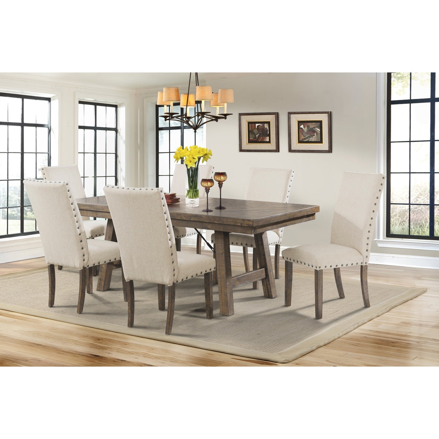 Smokey Walnut 78" Extendable Dining Set with 6 Cream Upholstered Chairs