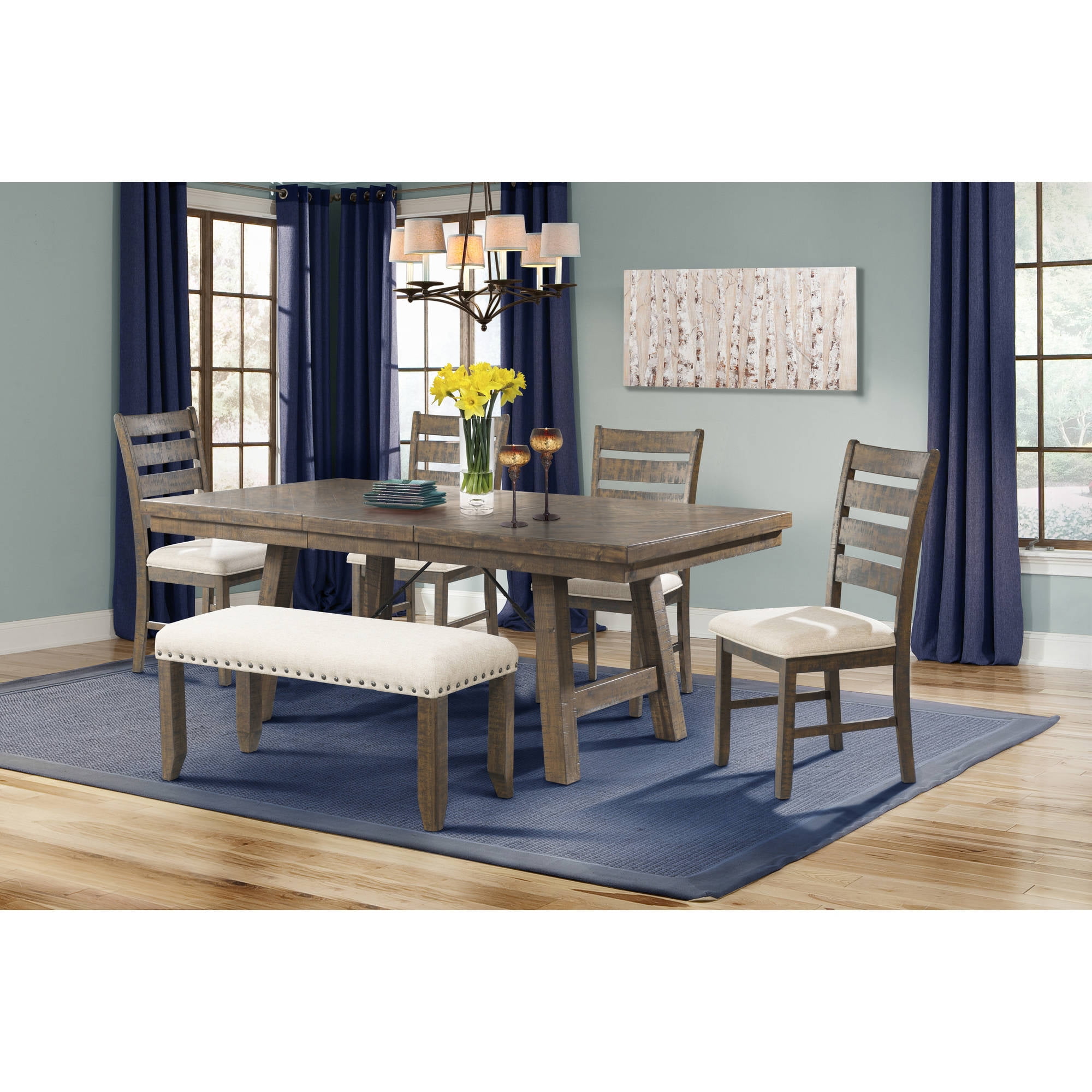 Picket House Furnishings Dex 7-Piece Dining Set with Table, 4 Ladder Side Chairs and Bench