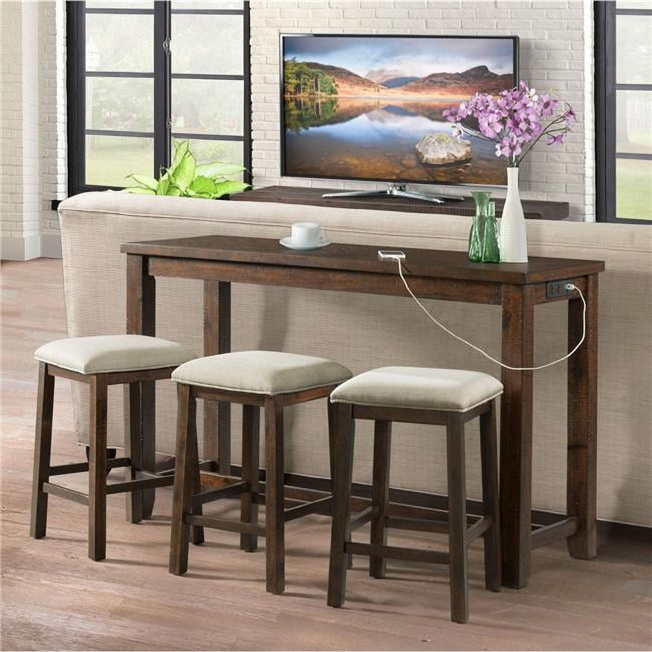 Walnut Rectangular Rustic Multipurpose Bar Table Set with Beige Upholstery