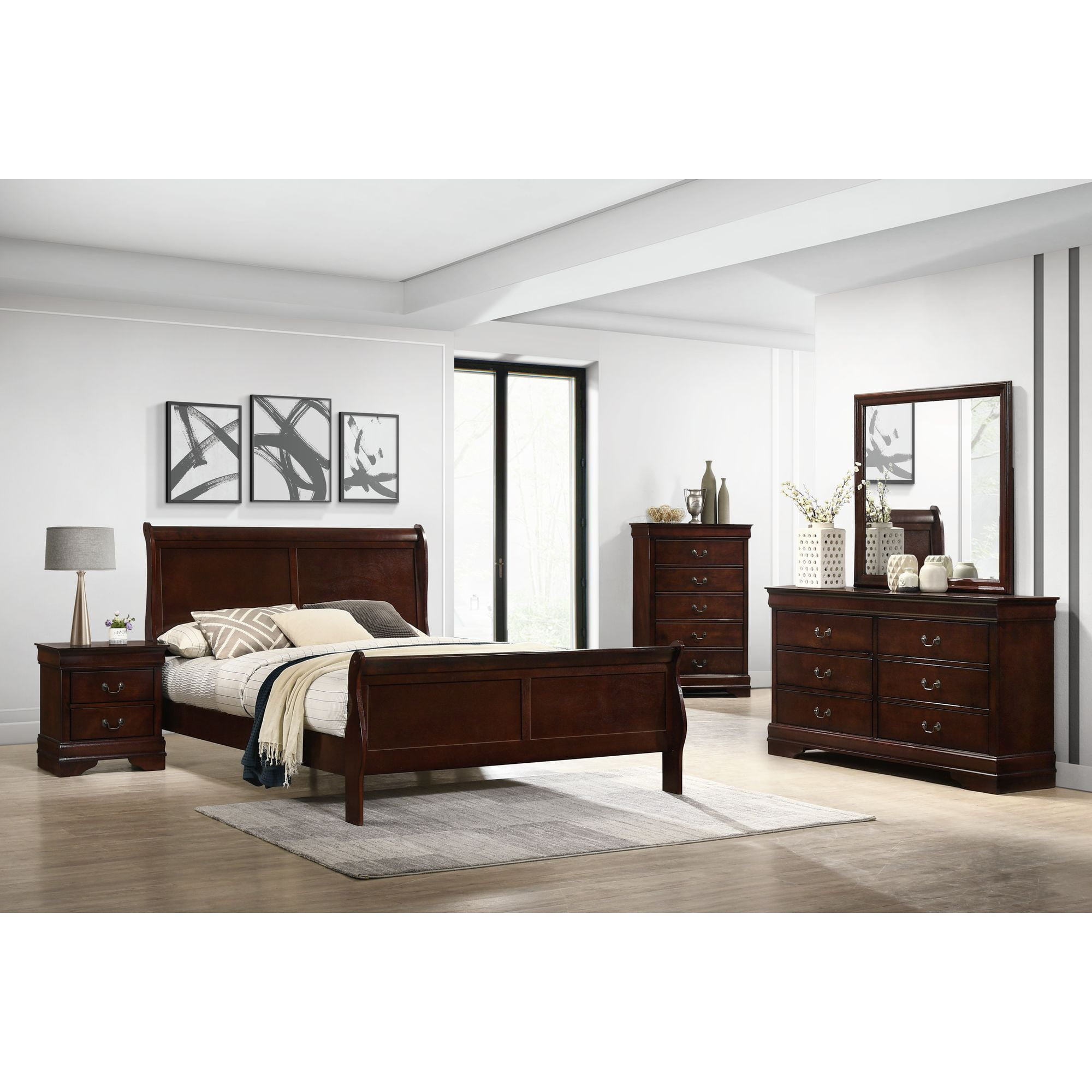 Cherry Full Panel Bed with Headboard and Drawer