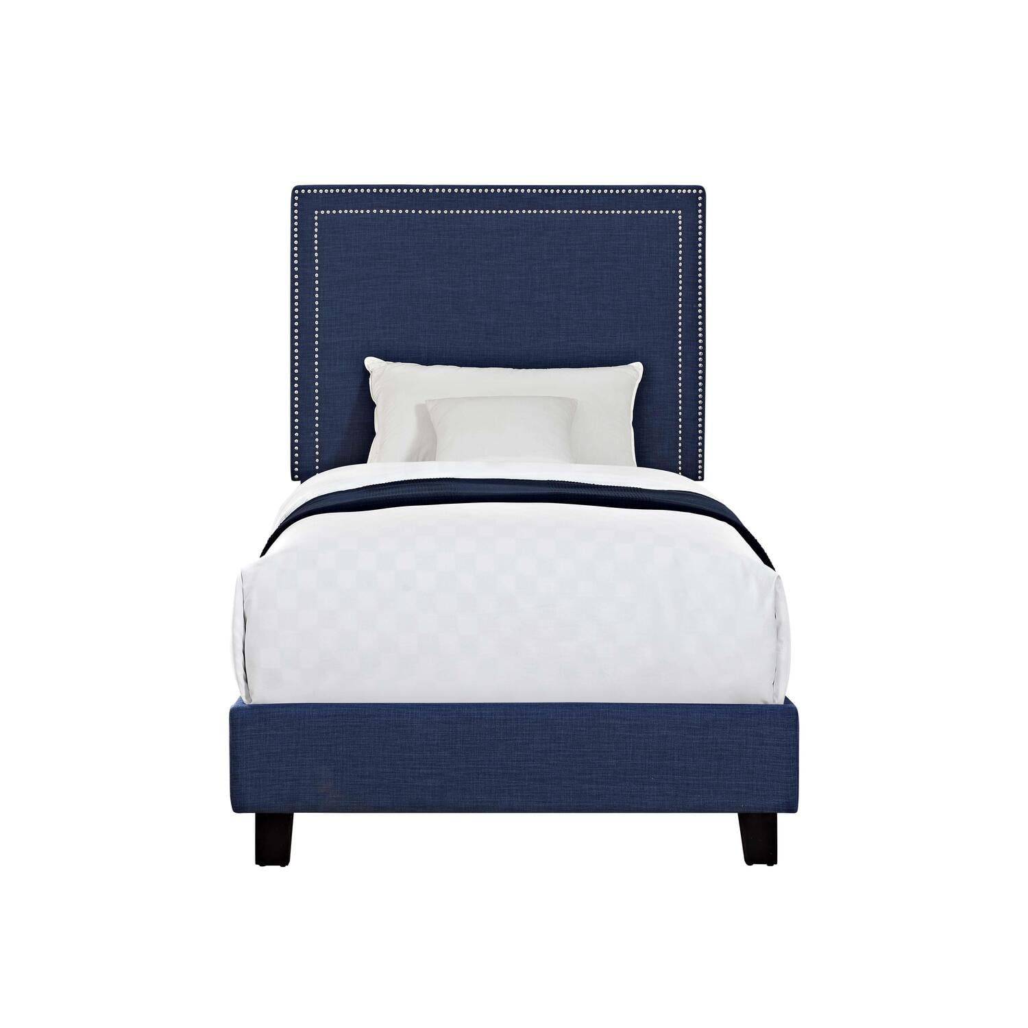 Transitional Blue Twin Upholstered Platform Bed with Nailhead Trim
