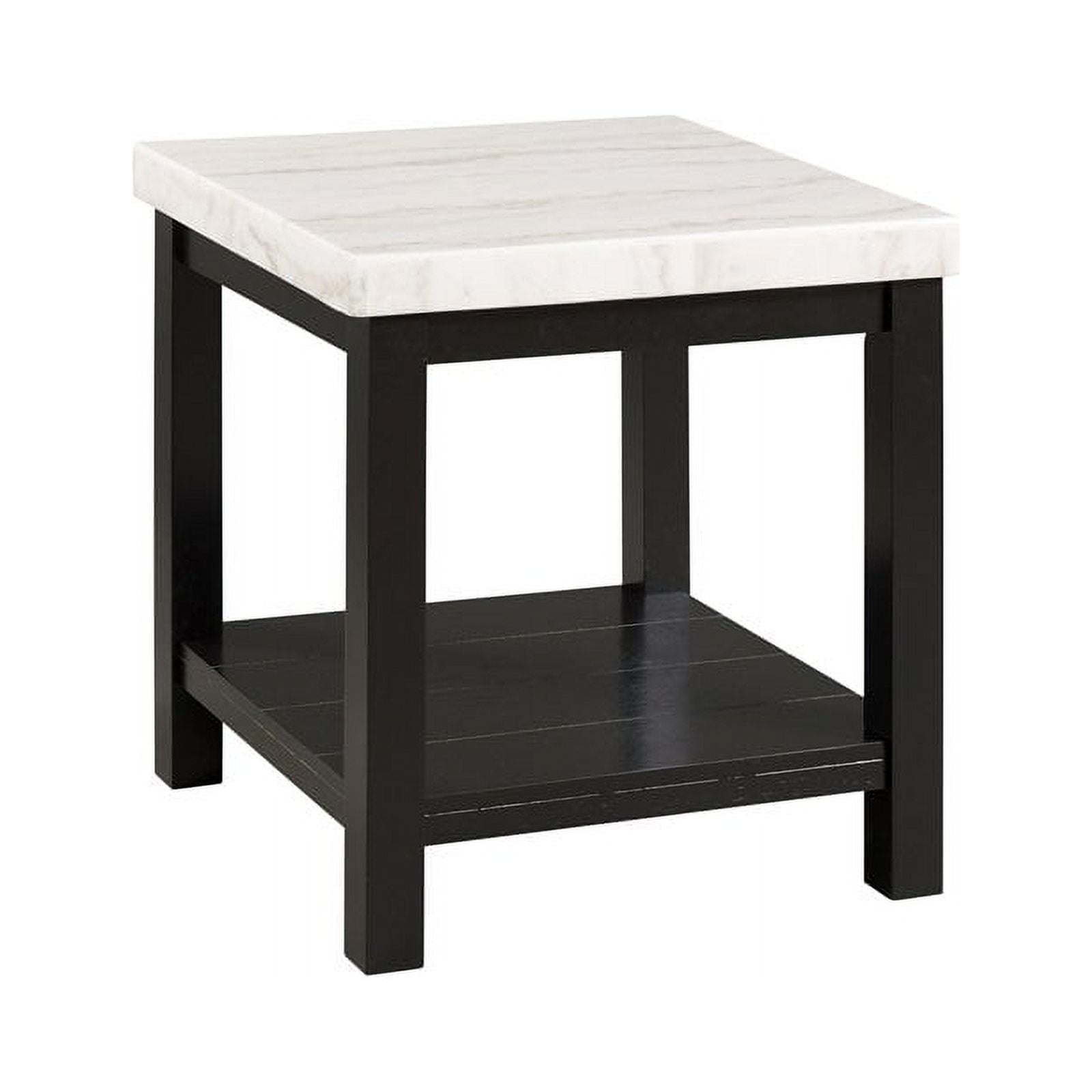 Transitional Black and White Marble Square End Table with Shelf