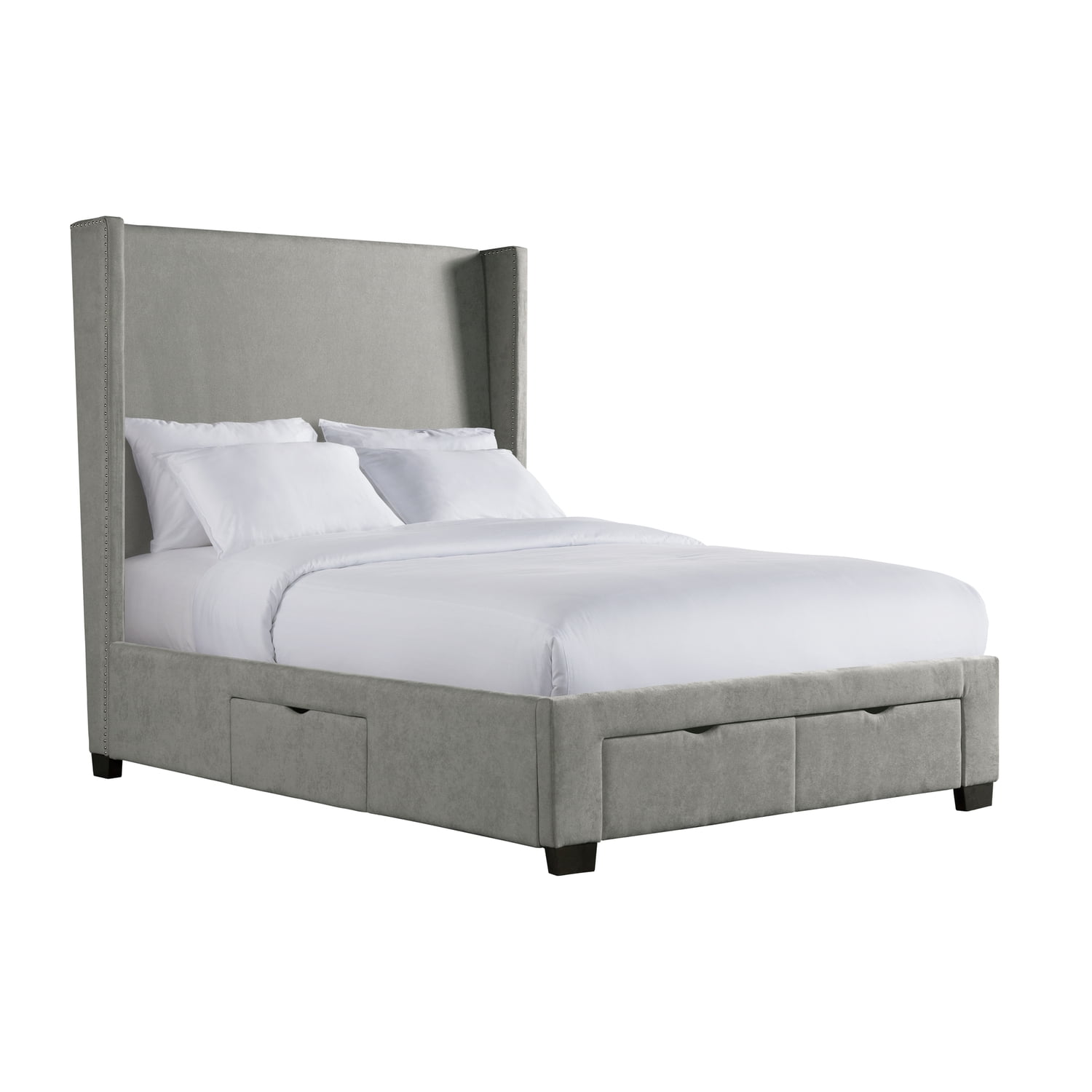 Transitional Gray Queen Upholstered Storage Bed with Nailhead Trim