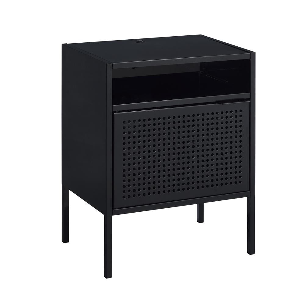 Gemma Black Metal Nightstand with USB Port and Open Shelf