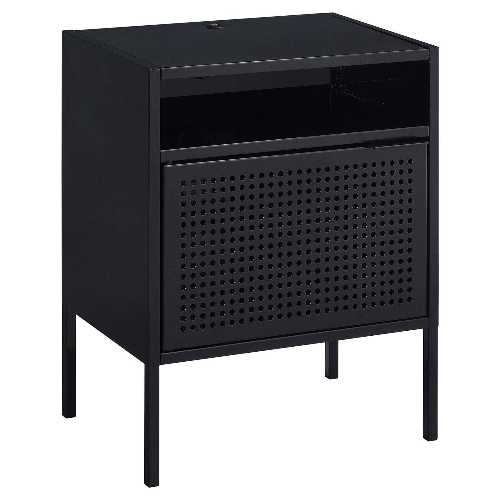 Gemma Black Metal Nightstand with USB Port and Open Shelf