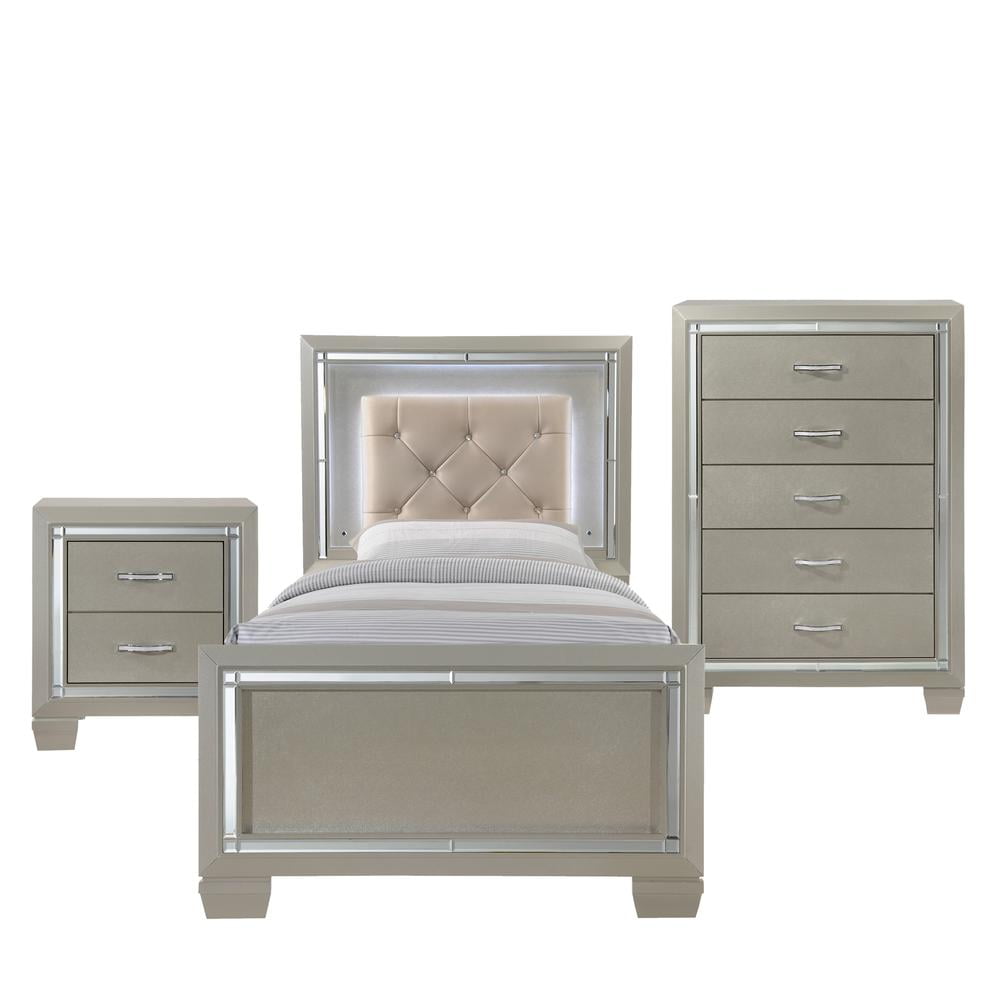 Glam Gray Twin Upholstered Platform Bed with Tufted Headboard