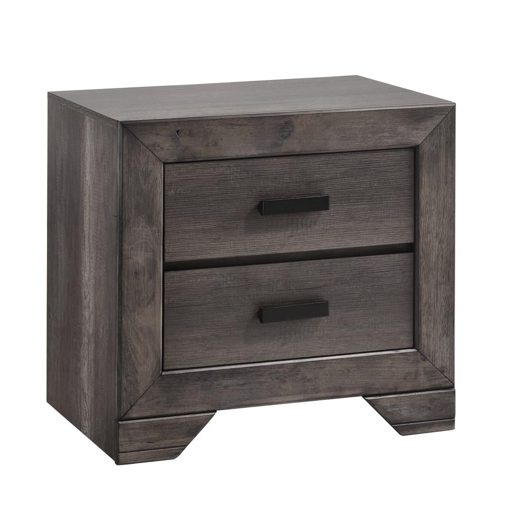 Rustic Gray Oak 2-Drawer Nightstand with Black Metal Pulls