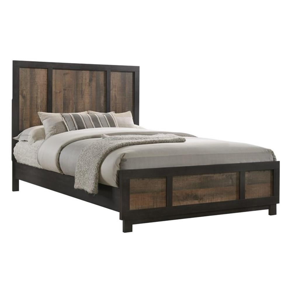 Rustic King-Sized Panel Bed with Dual-Tone Wood Headboard