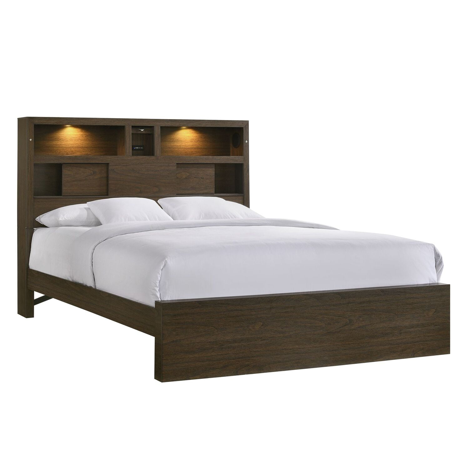 Rustic King Bookcase Bed with Built-in Bluetooth Speakers in Walnut
