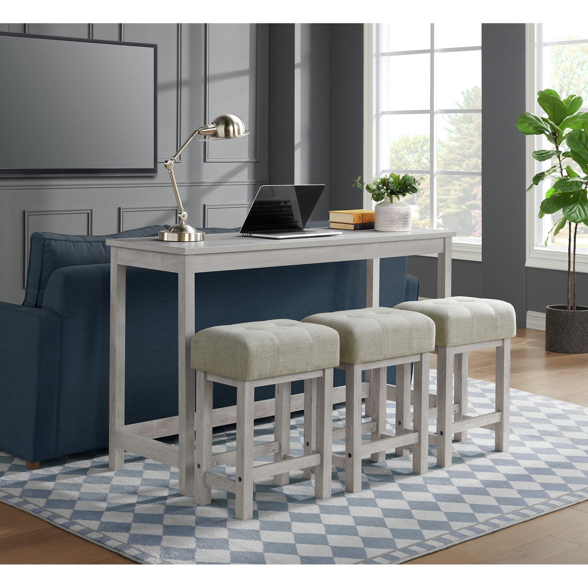 Holmes White Wood Grain Bar Table Set with Upholstered Stools