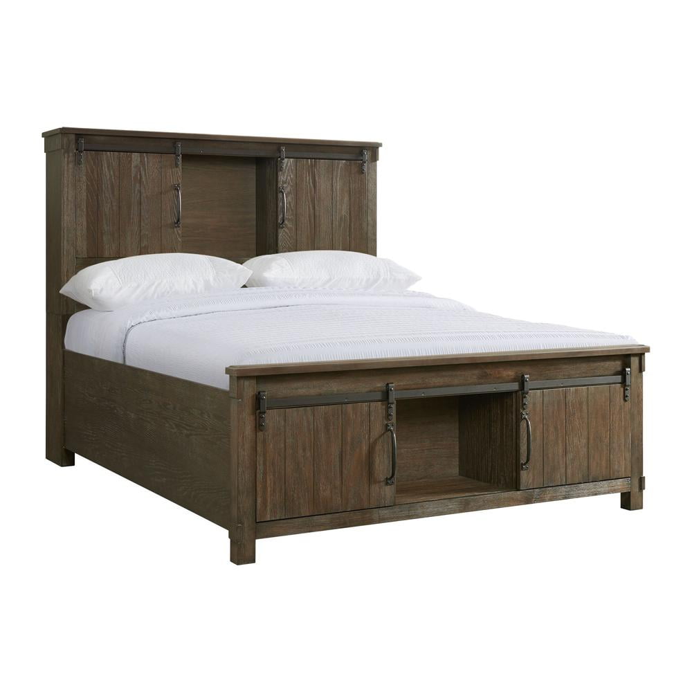 Rustic Mahogany Queen Storage Bed with Sliding Doors
