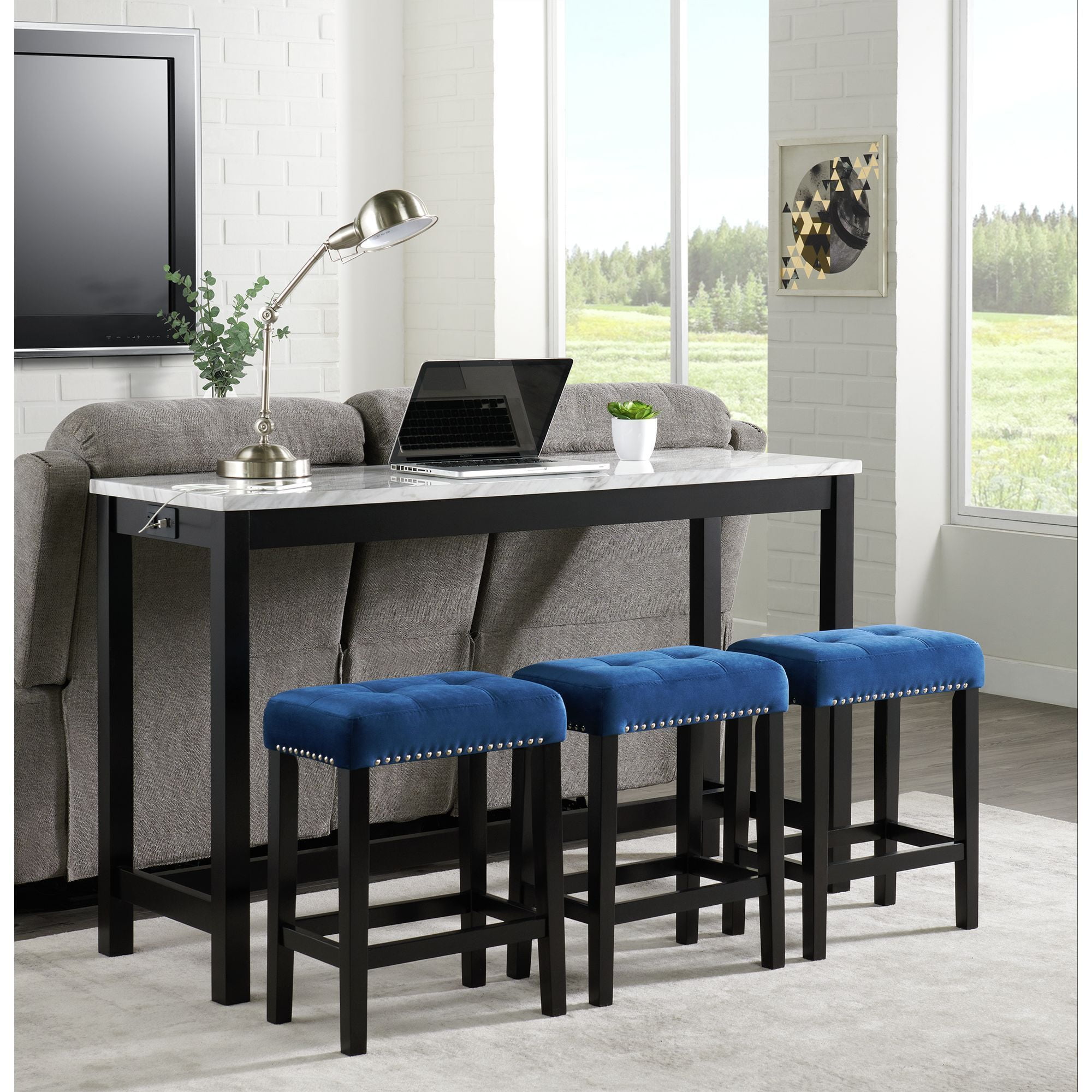 Transitional Black and White Marble Bar Table Set with Blue Velvet Stools
